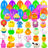 PIONJOY 24-pack Easter eggs with mochi squishies for festive gift sets.