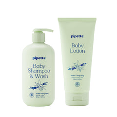 Pipette Vanilla and Ylang Ylang baby shampoo bottle for gentle cleansing of delicate hair.