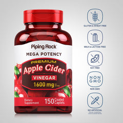 Piping Rock Apple Cider Vinegar Caplets packaging—gluten-free and vegetarian features.