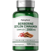 Piping Rock Berberine HCI Cinnamon Complex bottle shows daily wellness support in a blended herbal formula.
