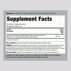 Piping Rock Berberine HCI Cinnamon Complex capsules close-up highlights convenient vegetarian capsules.