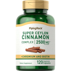 Piping Rock Ceylon Cinnamon capsules bottle on table, highlighting therapeutic grade quality.