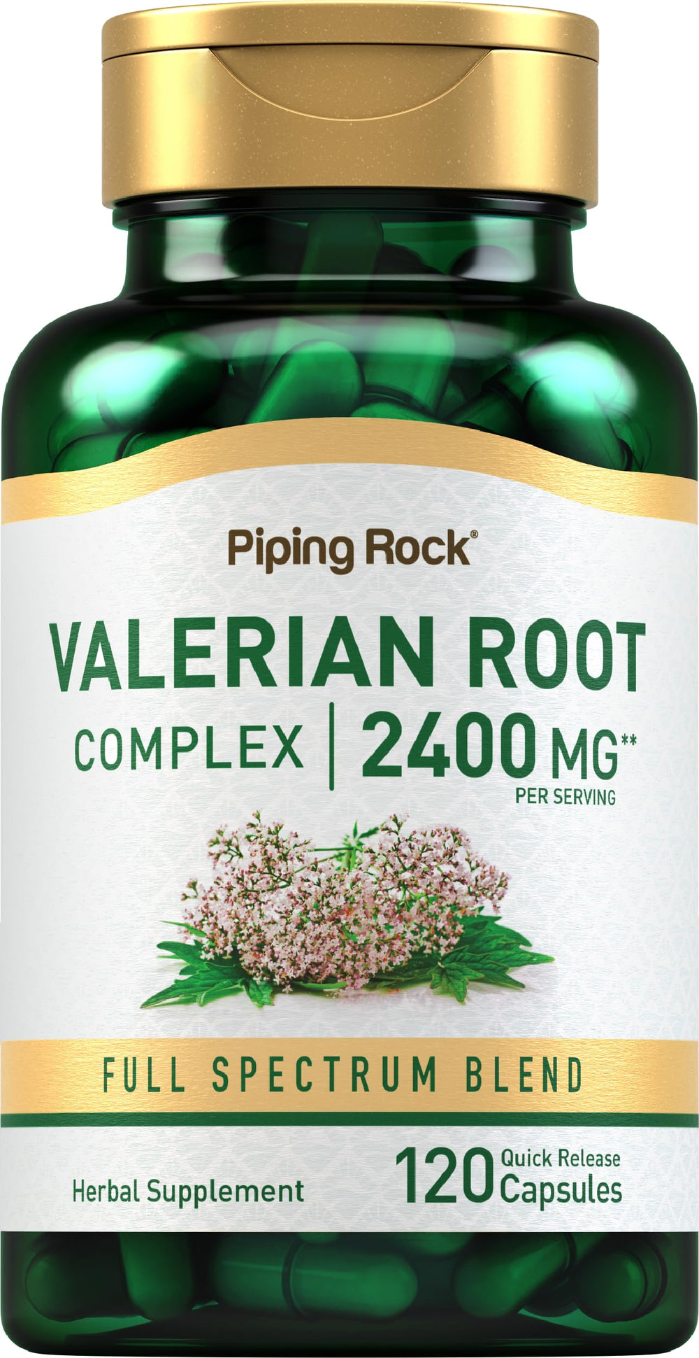 Piping Rock Valerian Root Capsules bottle close-up, easy-to-swallow capsules for a simple evening routine.