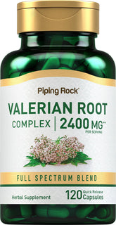 Piping Rock Valerian Root Capsules bottle close-up, easy-to-swallow capsules for a simple evening routine.