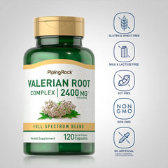 Piping Rock Valerian Root Capsules packaging overview showing non-GMO and gluten-free attributes.