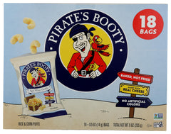 Pirate Brands aged white cheddar rice corn puffs 18pk front pack, easy snacking