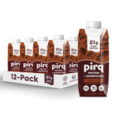 Pirq 21g dairy-free protein shake poured for quick on-the-go chocolate snack