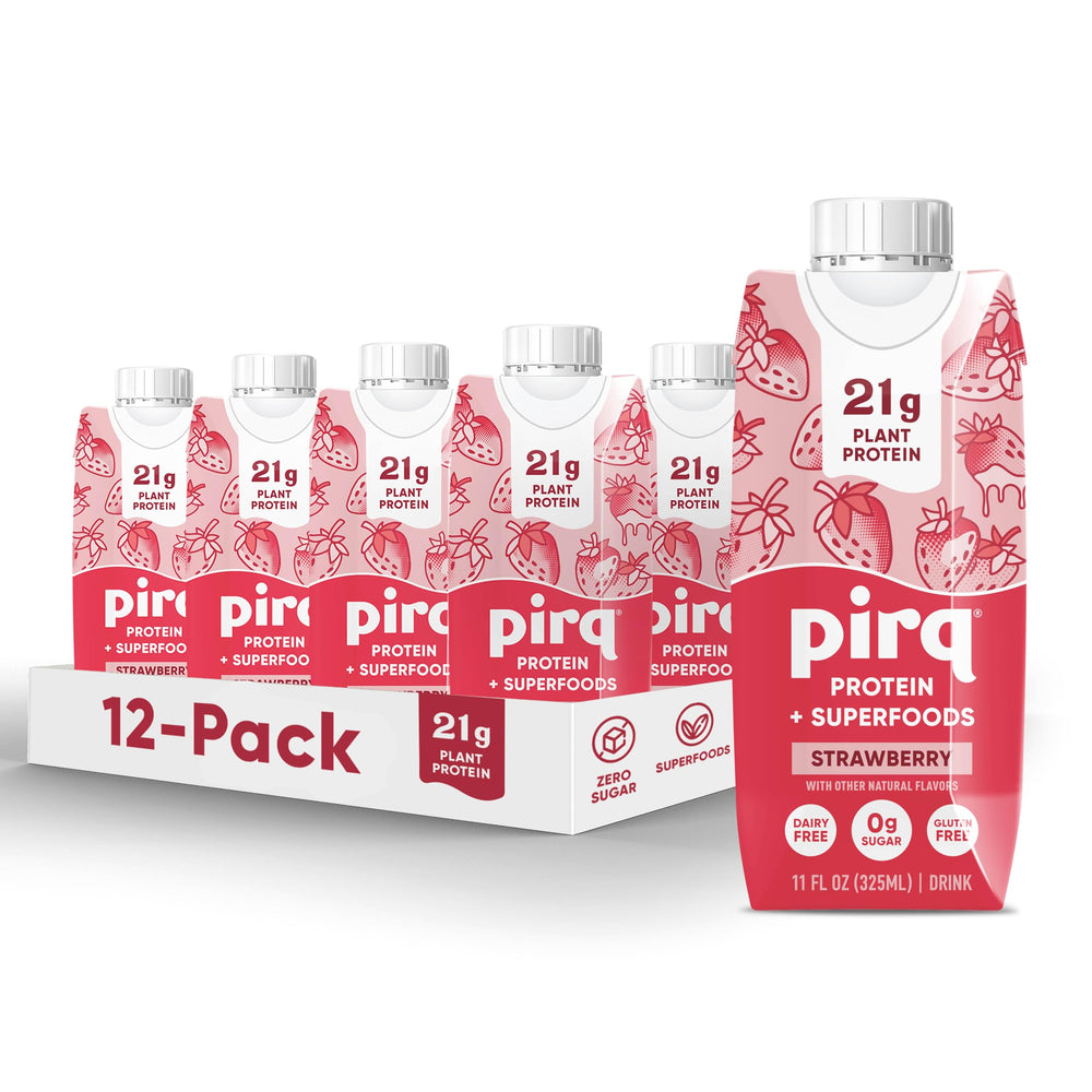 Pirq plant-based protein shake front view, strawberry flavor, creamy texture for post-workout sip.