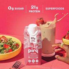 Pirq plant-based protein shake scoop in glass, highlights 21g protein and texture.