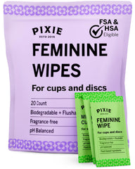 Pixie Cup feminine wipes packaging shown for easy on-the-go cleansing