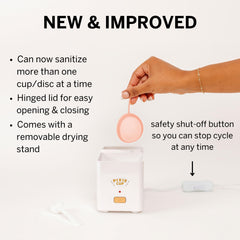Pixie Cup Steam Cleaner inside-lid view showing chemical-free sanitation potential.
