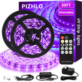 PIZHLO 50ft blacklight strip with remote control for flexible ambient lighting.