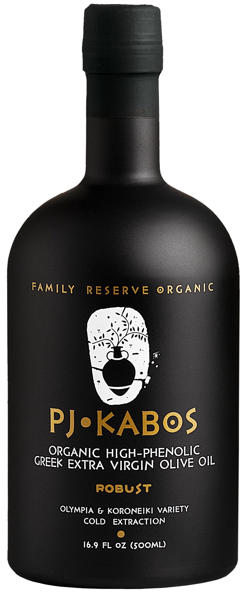 P.J. KABOS olive oil bottle top view, finishing dishes with robust Mediterranean flavor.