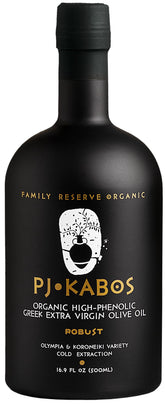 P.J. KABOS olive oil bottle top view, finishing dishes with robust Mediterranean flavor.