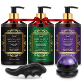 Pjordo 3-pack massage oil bottles for lavender and arnica use in at-home relaxation.