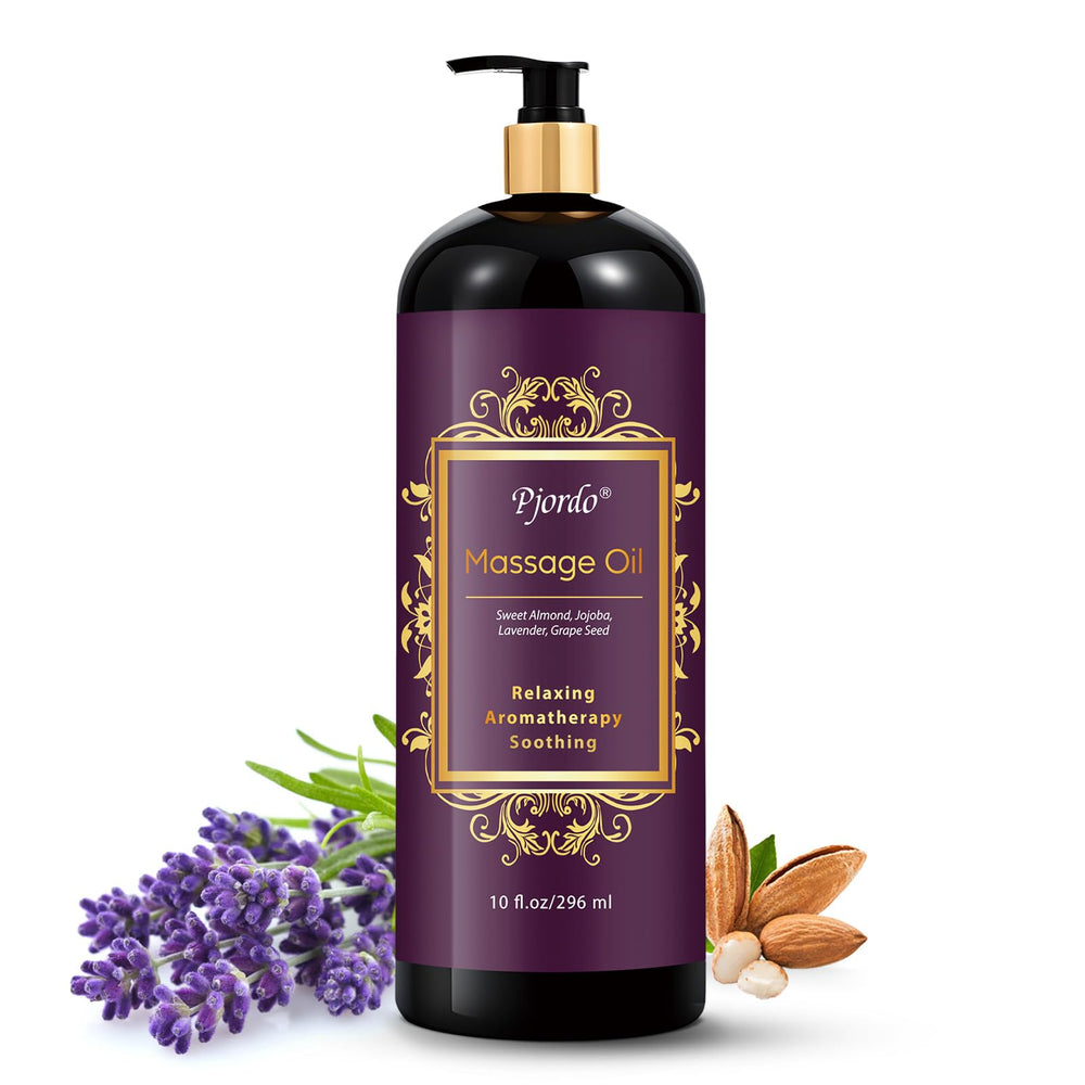 Pjordo lavender massage oil bottle showcasing spa-quality blend for home use.