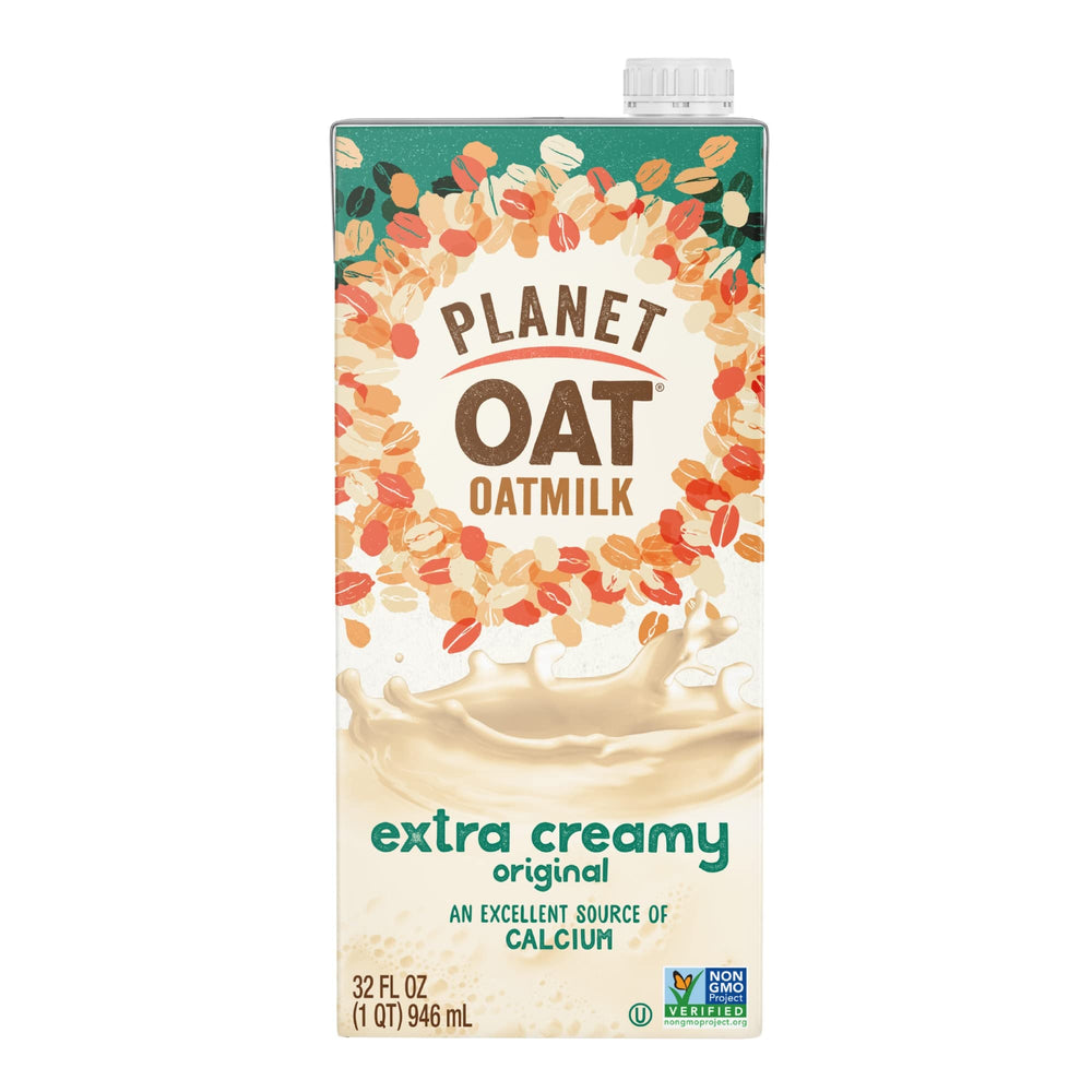 Planet Oat Oatmilk Extra Creamy bottle for dairy-free coffee and cereal.