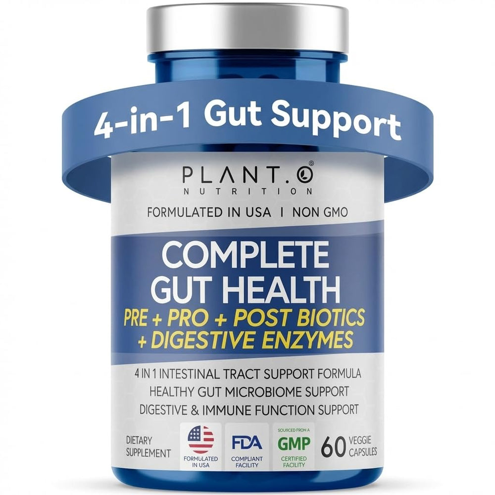 PLANT.O NUTRITION bottle close-up showing veggie capsules for gut support.