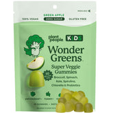 Plant People WonderGreens Kids Gummies bottle showcases sugar-free, allergen-free multivitamin for picky eaters.