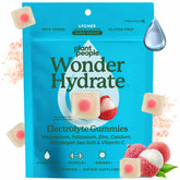 Plant People WonderHydrate lychee bottle showcases vegan electrolyte hydration for daily energy.