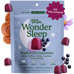 Plant People WonderSleep gummies packaging shows melatonin-free sleep aid in resealable pouch