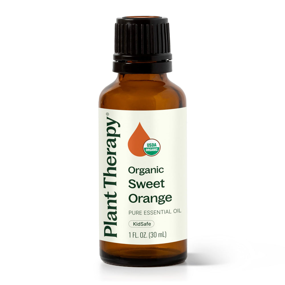 Plant Therapy Sweet Orange bottle shows pure essential oil for uplifting aromas.