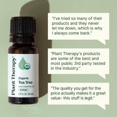 Plant Therapy Tea Tree Oil bottle label shows USDA Organic certification and batch testing.