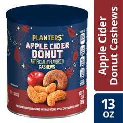 Planters Apple Cider Donut Cashews kettle-roasted for a crunchy bite.