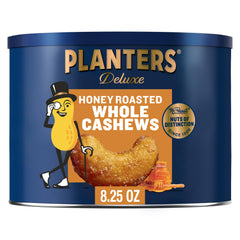 PLANTERS Deluxe Honey Roasted Cashews canister front view for quick snacking