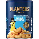 Planters Deluxe lightly salted cashews canister highlights fresh, crisp texture and flavor.