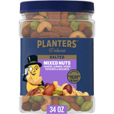 Planters Deluxe salted mixed nuts in a 34oz jar, perfect for sharing