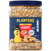Planters dry roasted peanuts jar front, ideal shareable snack for gatherings.