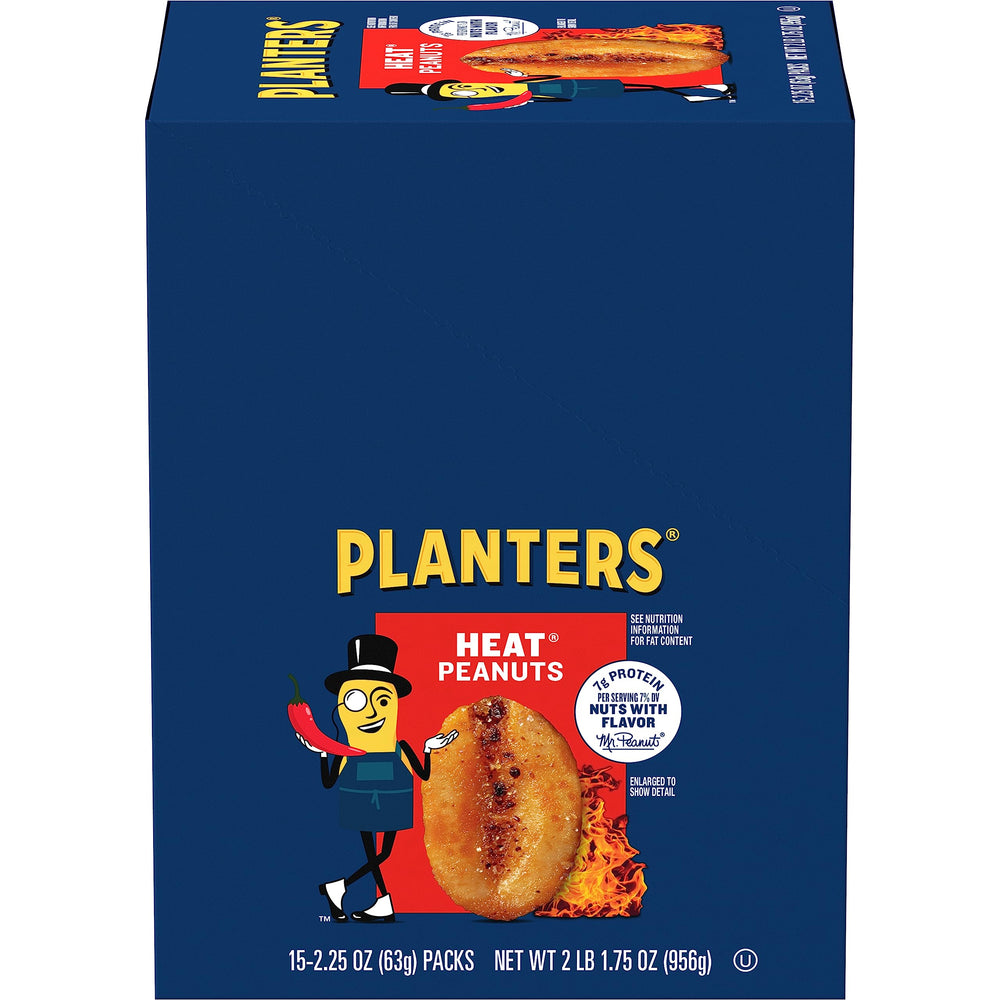 Planters Heat Peanuts bag front view highlighting spicy flavor.