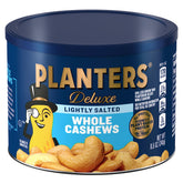 Planters lightly salted whole cashews canister closeup for a savory, protein-rich snack.