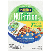 PLANTERS Nut-Rition Nut Mix box with seven on-the-go pouches for convenient snacking.