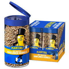 Planters Pop & Pour sunflower seeds in a resealable jar for fresh snacking.