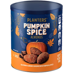 Planters Pumpkin Spice Almonds canister close-up ideal for quick, crunchy seasonal snacking.