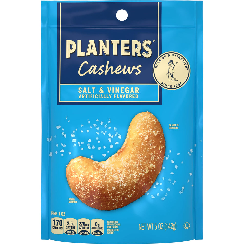 Planters Salt & Vinegar cashews bag showing tangy flavor for on-the-go snacking.