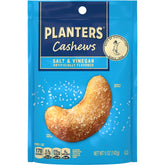 Planters Salt & Vinegar cashews bag showing tangy flavor for on-the-go snacking.