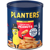 Planters Salted Cocktail Peanuts in a jar with bold flavor and resealable lid for freshness.