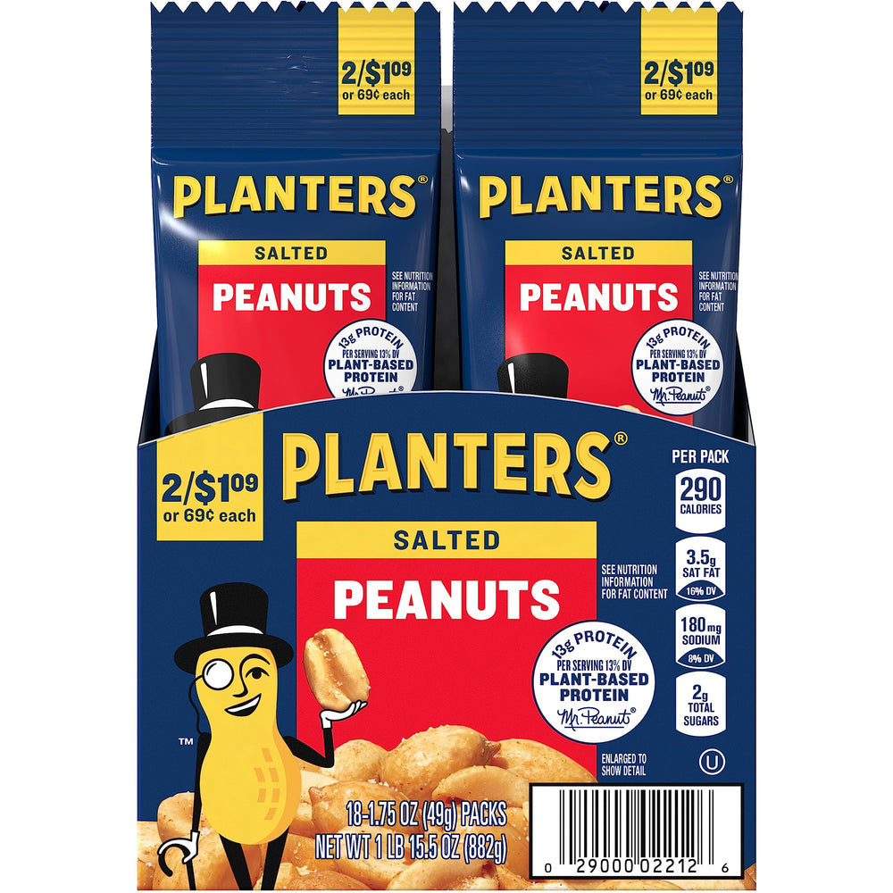Planters Salted Peanuts 18-pack box displayed on pantry shelf, protein-rich snack option