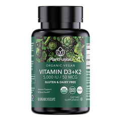PlantFusion Organic Vegan D3 K2 5000IU bottle highlights vegan D3 from lichen for immune support