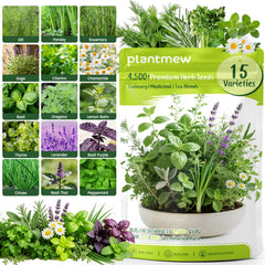 PLANTMEW herb seeds 15-pack packaging for a versatile home garden starter kit.