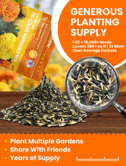 PlantMew seed packet label with heirloom marigolds for easy planning.