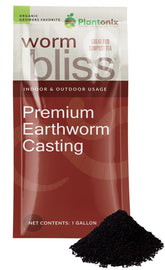 Plantonix Worm Bliss bag opened to reveal pure worm castings for organic soil health.