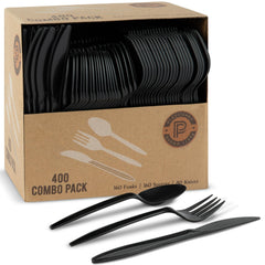 PLASTICPRO 400-pack black disposable utensils bundle for bulk events and easy cleanup.