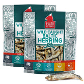 PLATO Fish Treats bag front showing single-ingredient, omega-rich snack for dogs