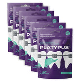 Platypus orthodontic flossers under the arch wire for easy between-teeth cleaning.