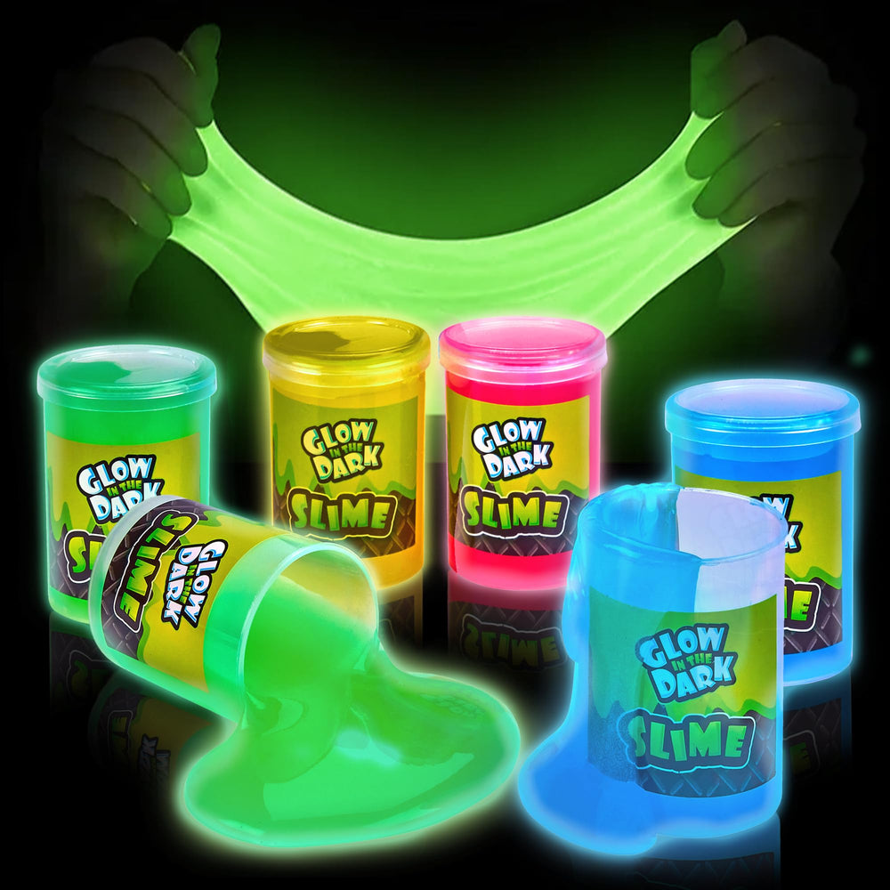 Playbees glow-in-the-dark slime in a 4.5 inch barrel glowing under light for vibrant play