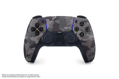 PlayStation 5 DualSense in gray camouflage, angled view for immersive gaming.